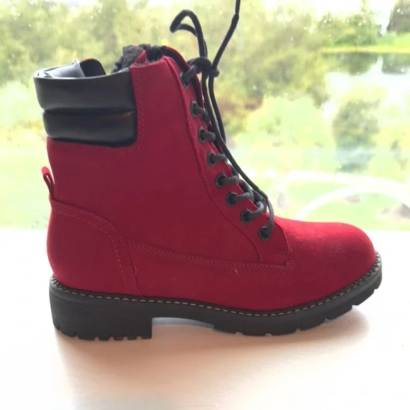German Red Suede Lace Up Combat Boots - Picture 2 of 6